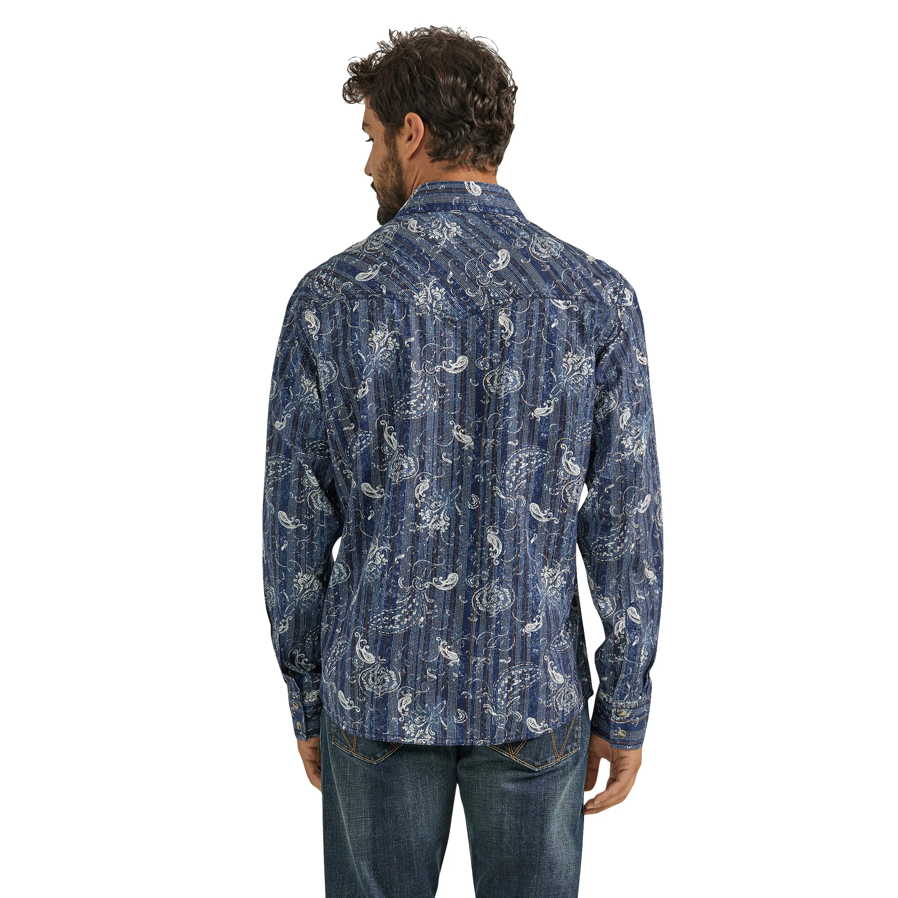 Men's Wrangler Retro Premium Navy/White Paisley Print Snap Western Shirt