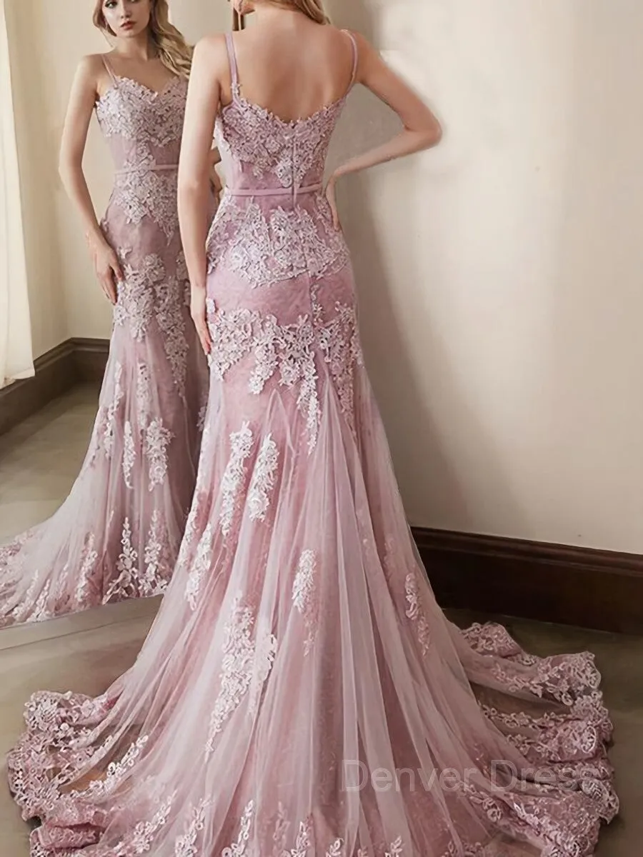 Mermaid Spaghetti Straps Sweep Train Lace Evening Dresses With Appliques Lace