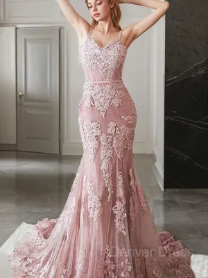Mermaid Spaghetti Straps Sweep Train Lace Evening Dresses With Appliques Lace