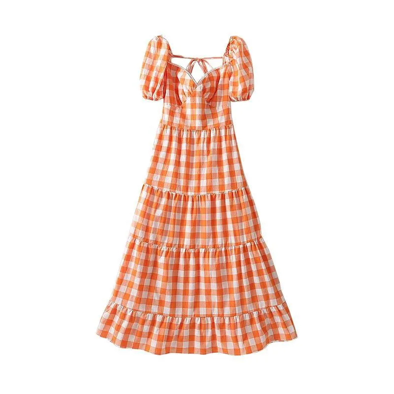 Orange Plaid Long Maxi Dress