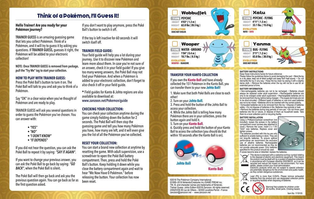 Pokemon Trainer Guess Electronic Guessing Game Johto Edition