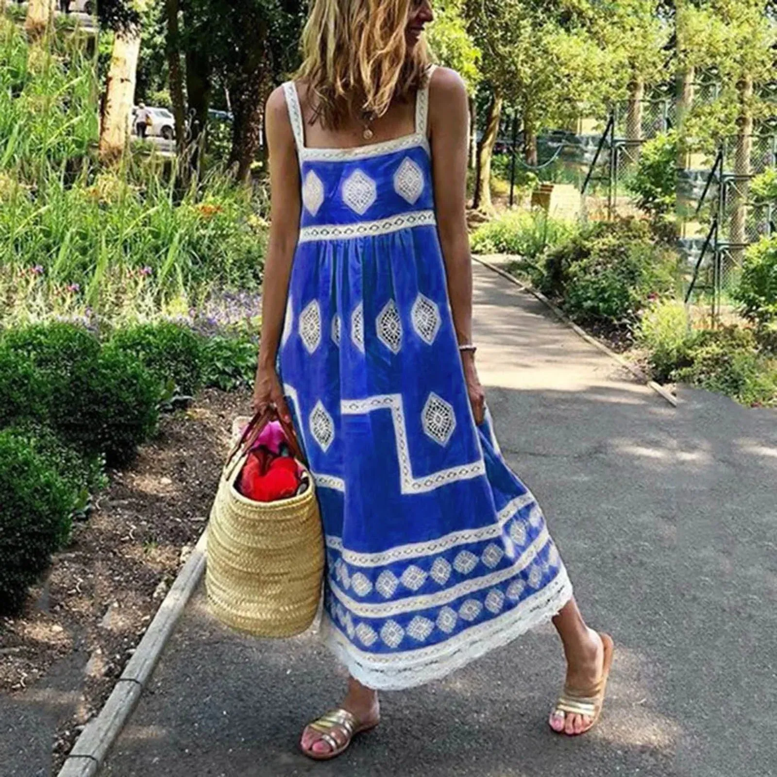 Print Swing Summer Beach Maxi Strap Boho Casual Mother of The Casual Vintage Dress