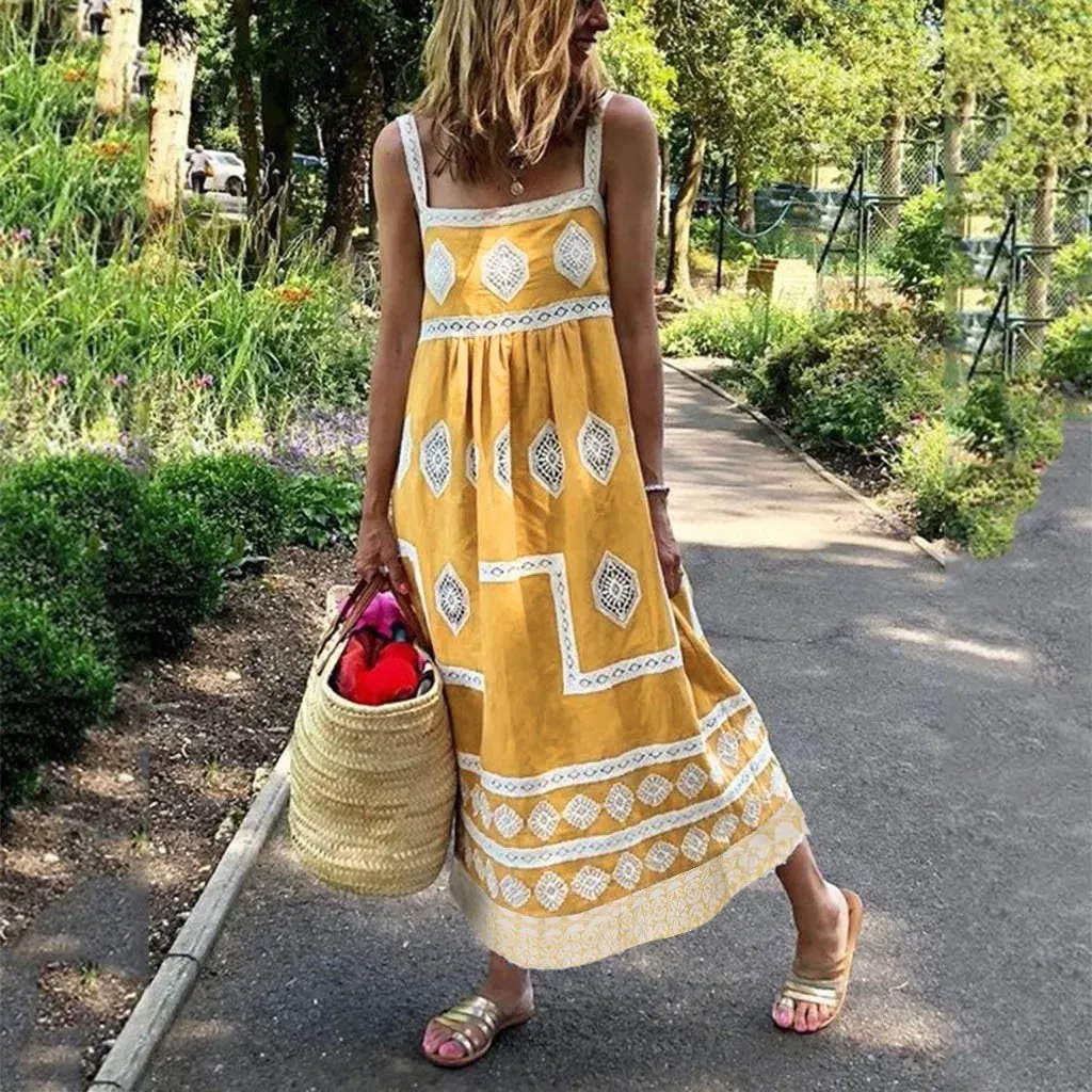 Print Swing Summer Beach Maxi Strap Boho Casual Mother of The Casual Vintage Dress