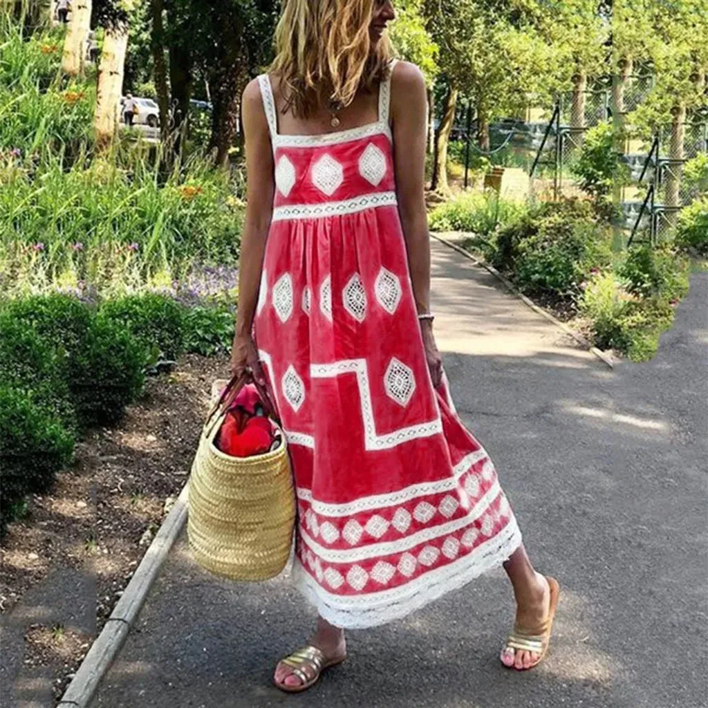 Print Swing Summer Beach Maxi Strap Boho Casual Mother of The Casual Vintage Dress