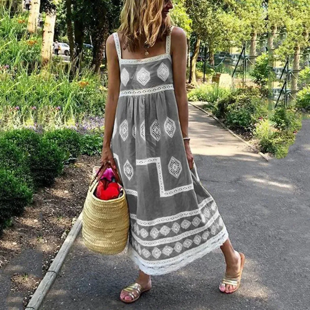 Print Swing Summer Beach Maxi Strap Boho Casual Mother of The Casual Vintage Dress