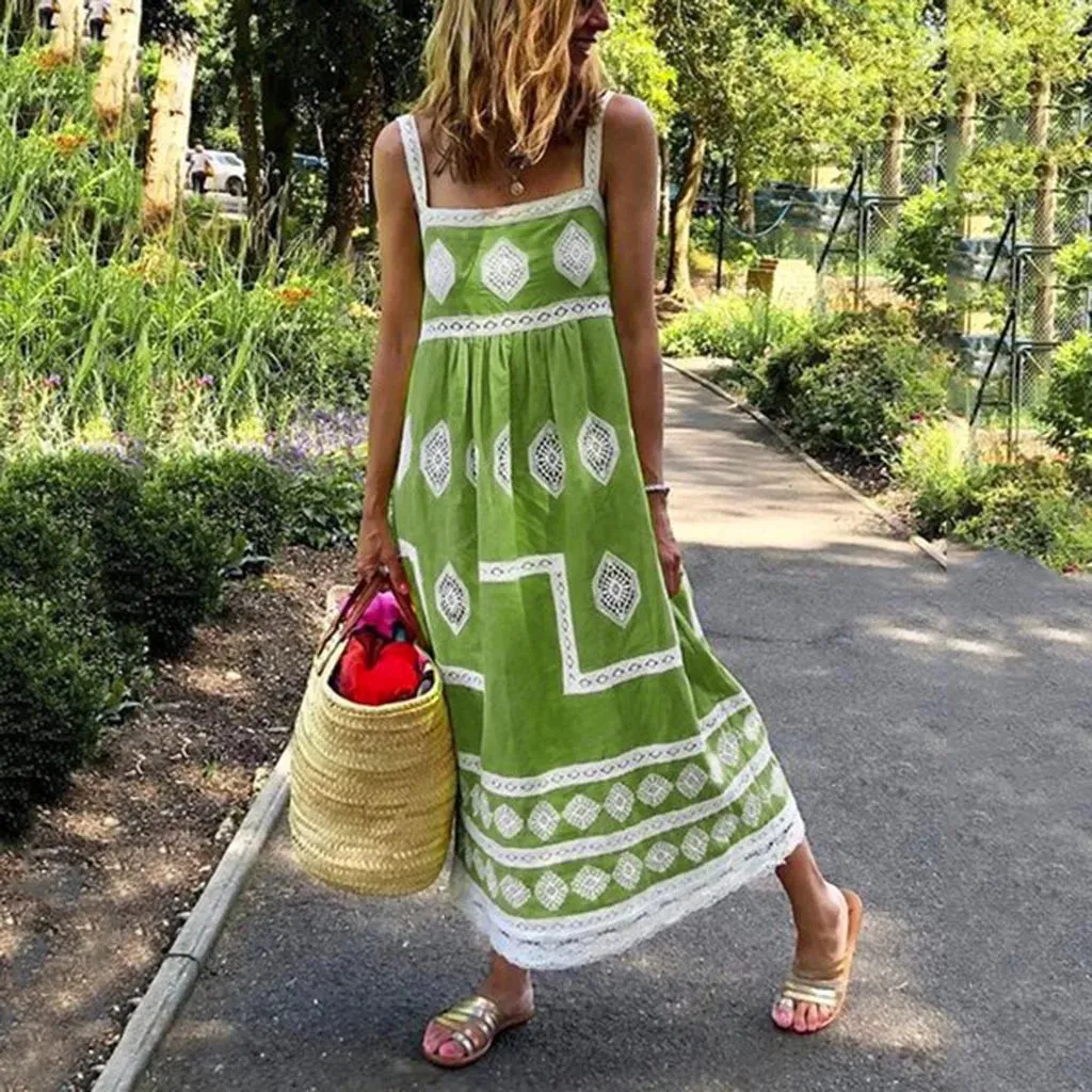 Print Swing Summer Beach Maxi Strap Boho Casual Mother of The Casual Vintage Dress