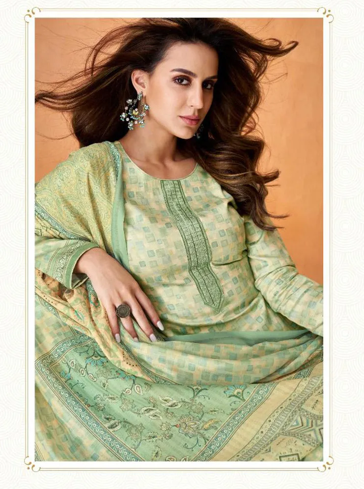 Pure Cotton Satin Green Unstitched Women Salwar Suit Set