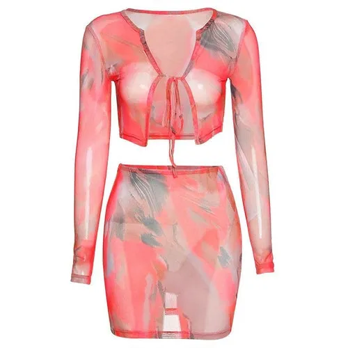 Sexy Mesh See Though 2 Piece Crop Top Mini Dress