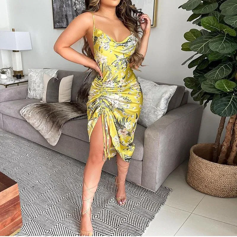 Spaghetti Strap Drawstring Detail Slit Dress