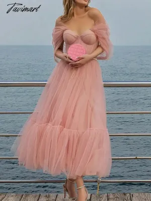 Tavimart Pink Chiffon  A-line Dress Women Off Shoulder Strapless Evening Dresses Ladies Raglan Sleeve Sweetheart Party Club Dresses