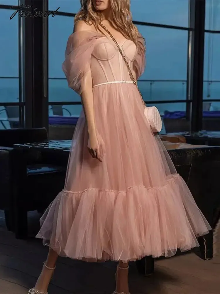 Tavimart Pink Chiffon  A-line Dress Women Off Shoulder Strapless Evening Dresses Ladies Raglan Sleeve Sweetheart Party Club Dresses