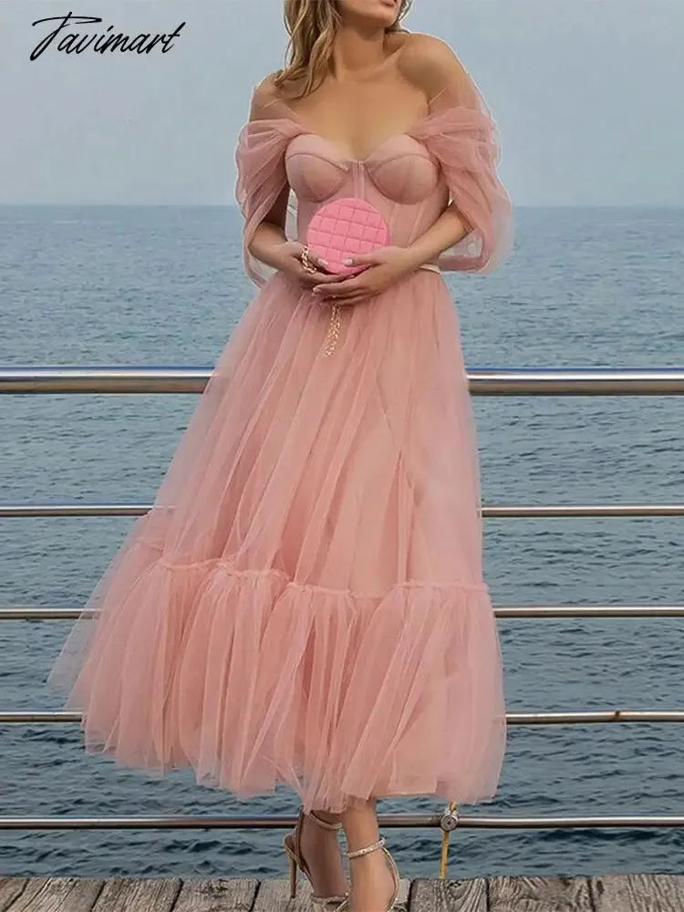 Tavimart Pink Chiffon  A-line Dress Women Off Shoulder Strapless Evening Dresses Ladies Raglan Sleeve Sweetheart Party Club Dresses