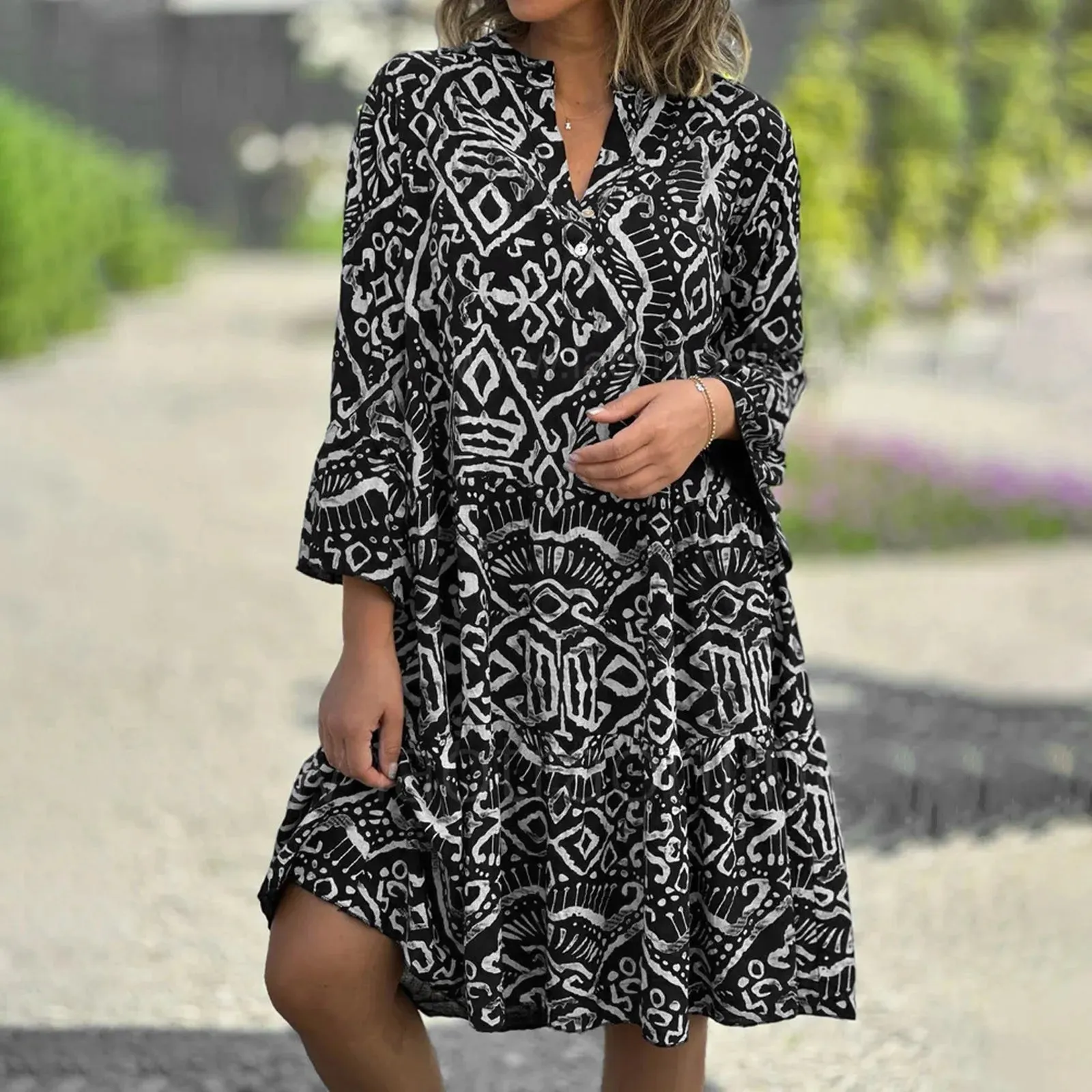 Three Quarter Patchwork Loose Hem Midi Casual Boho Dress