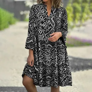Three Quarter Patchwork Loose Hem Midi Casual Boho Dress