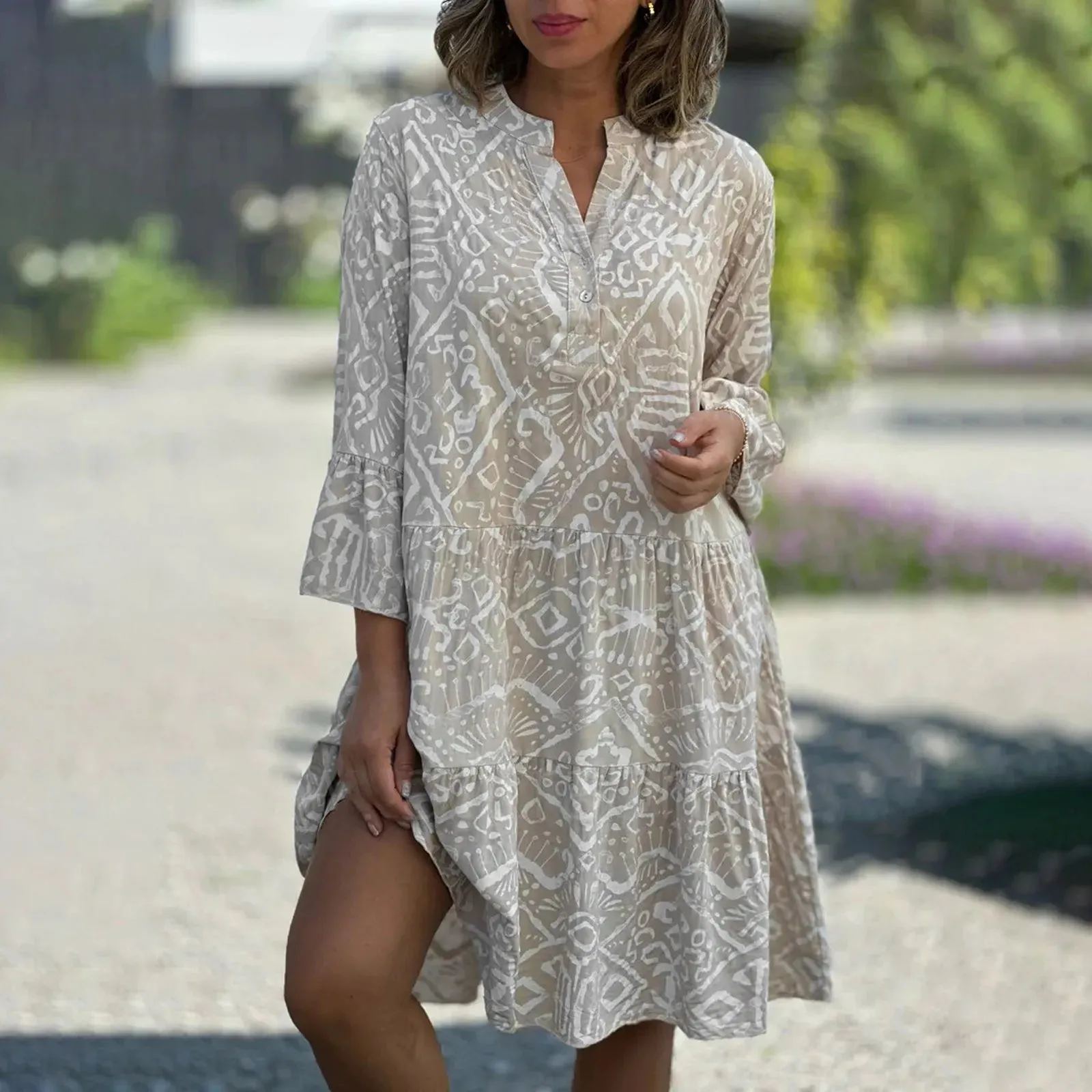 Three Quarter Patchwork Loose Hem Midi Casual Boho Dress
