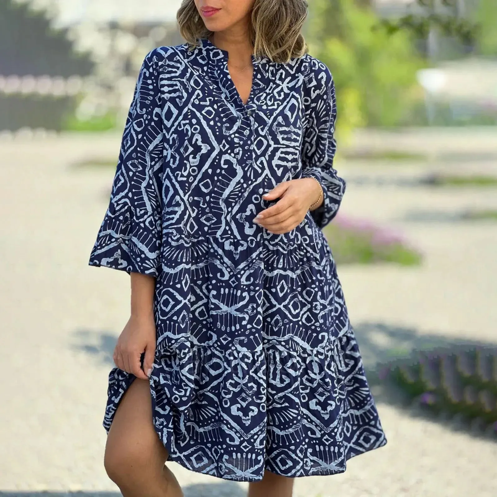 Three Quarter Patchwork Loose Hem Midi Casual Boho Dress