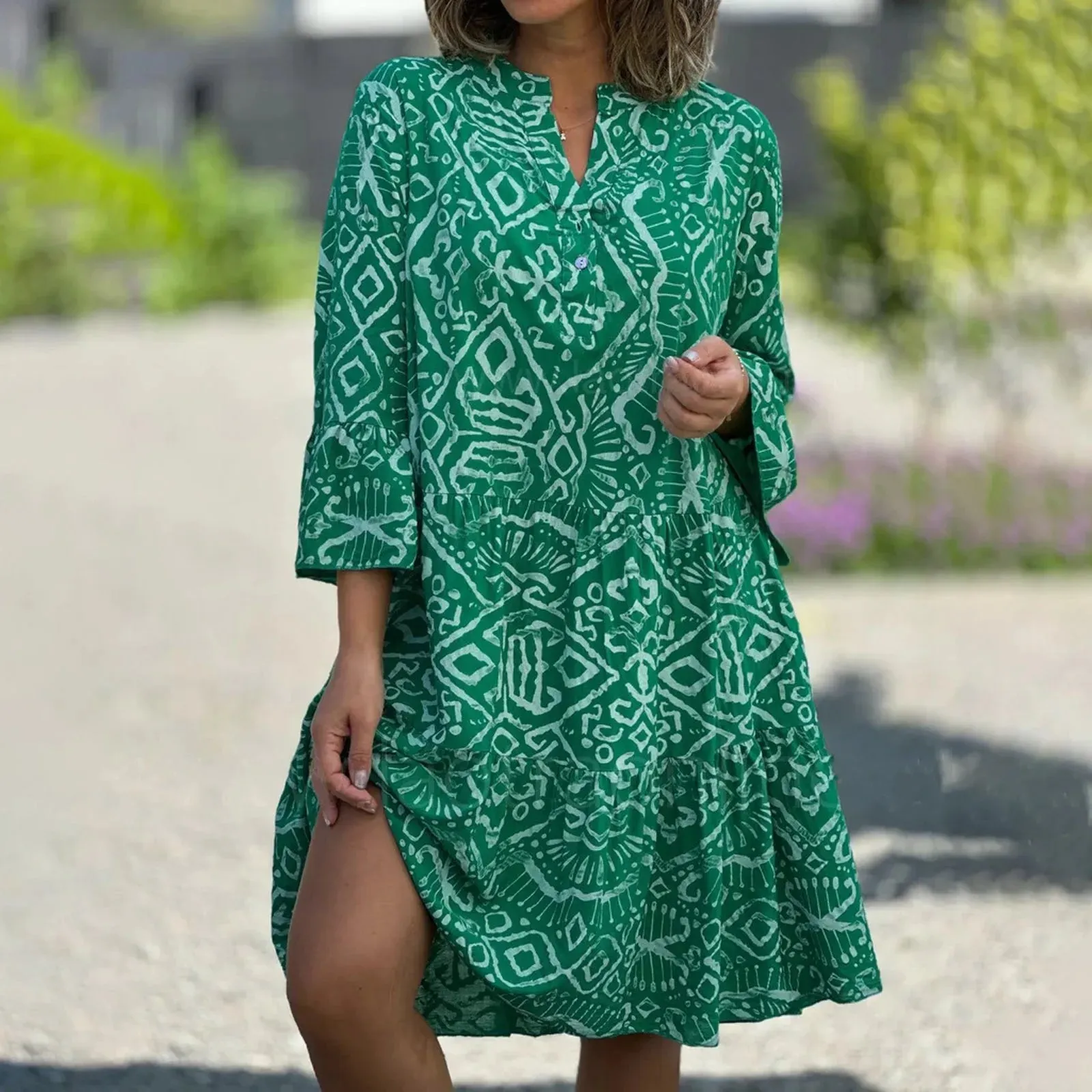 Three Quarter Patchwork Loose Hem Midi Casual Boho Dress