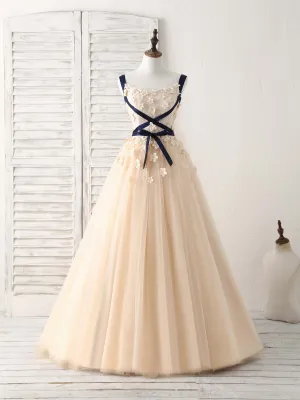 Unique Champagne Lace Tulle Long Prom Dress Champagne Evening
