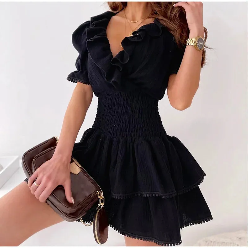 V Neck Off-the-Shoulder Short Puff Sleeve Solid Color Shirred High Waist Summer Wrap Dress