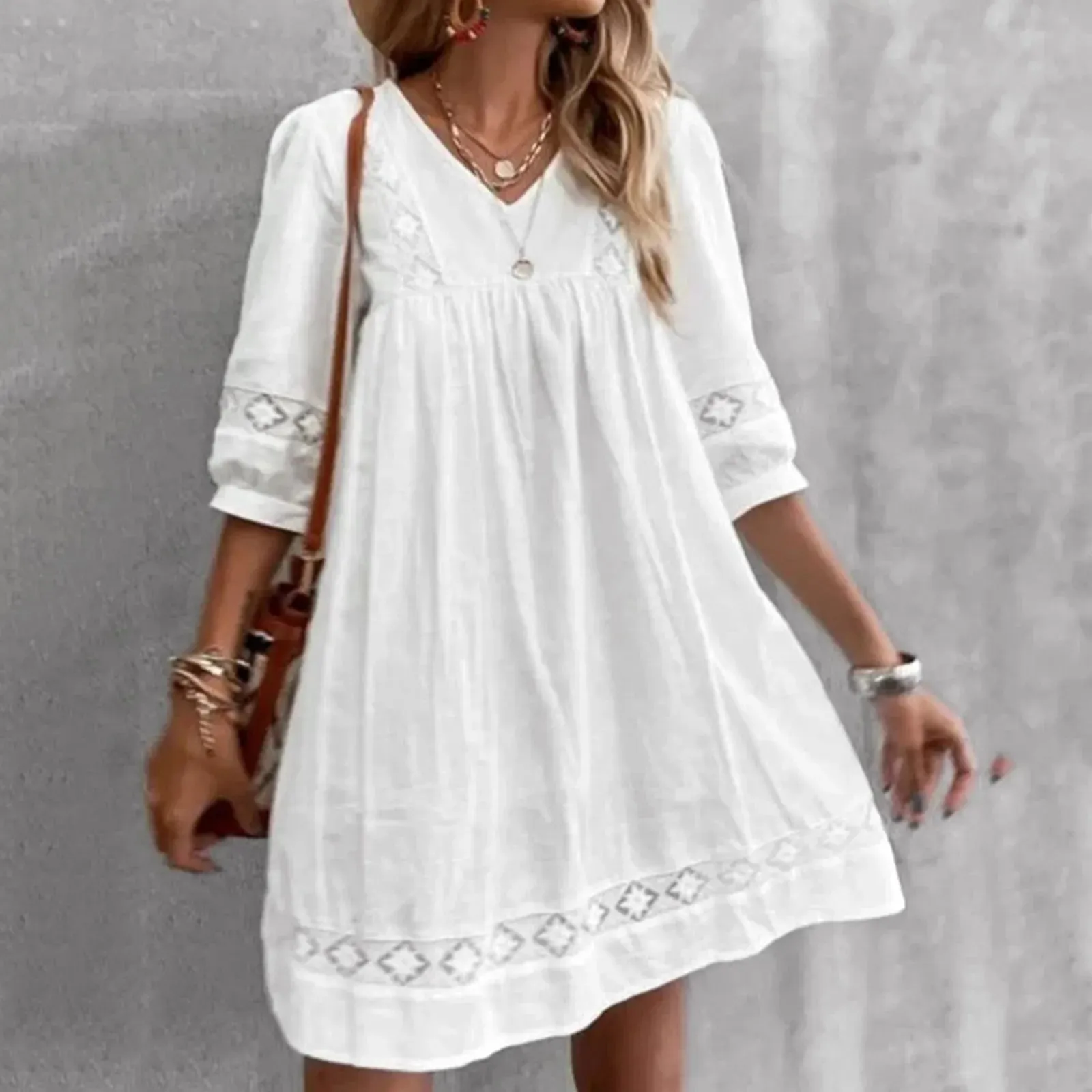 Vintage Half V Sleeve Sling Sun Lace Casual Short Loose Sleeve Smocked Beach Neck Summer Dress