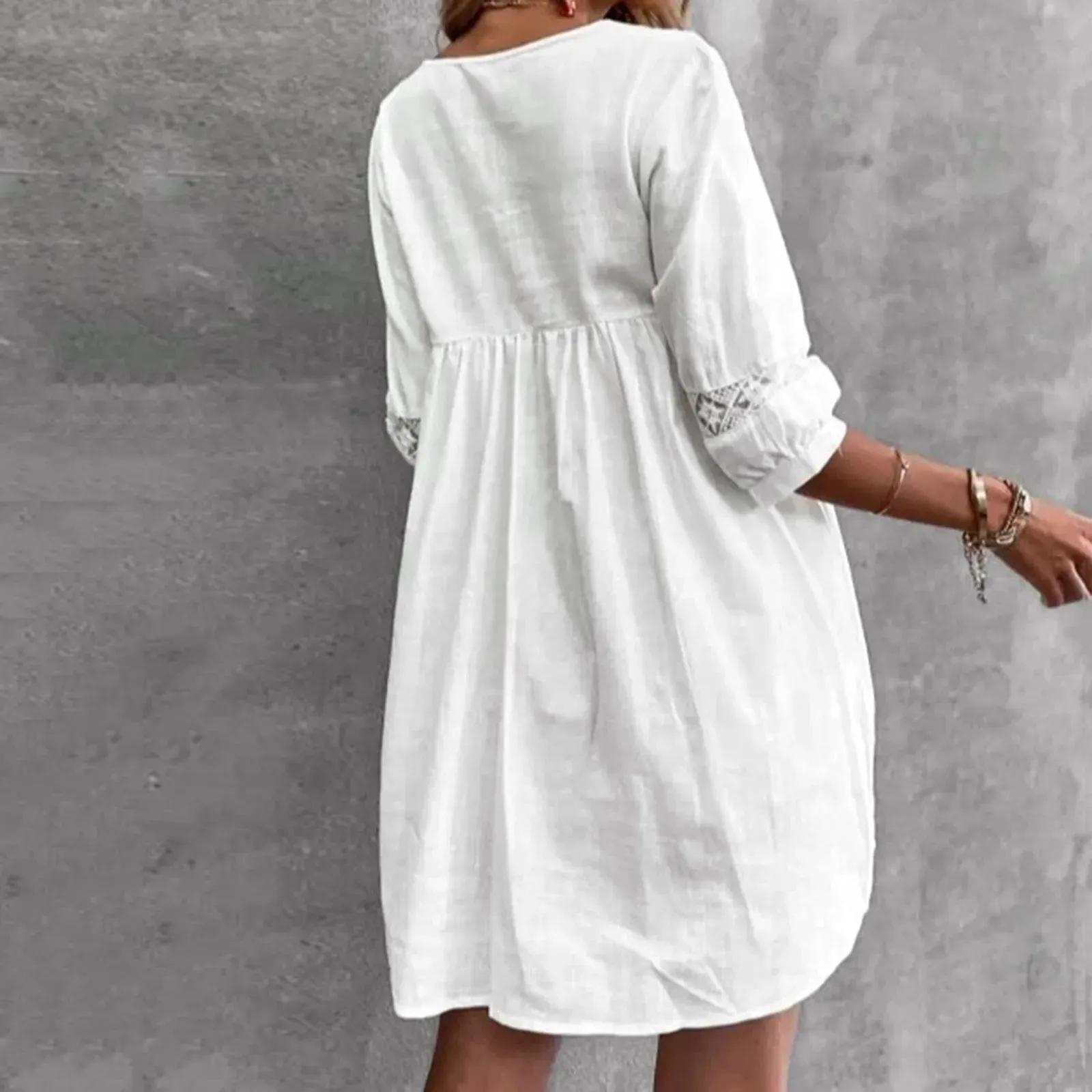 Vintage Half V Sleeve Sling Sun Lace Casual Short Loose Sleeve Smocked Beach Neck Summer Dress